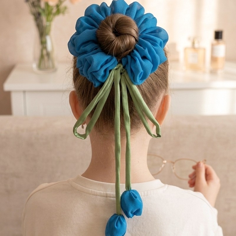 Синій скранч з тюльпанами